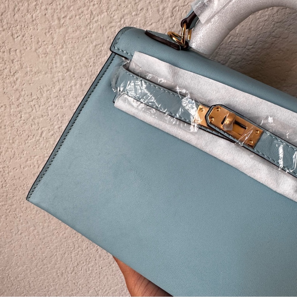 LEATHER INSIDE & OUT | Aqua Sky Mini 22 Sellier Belted KL Top Handle w/ Gold S17 - Picture 14 of 14